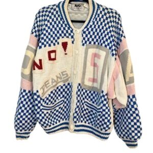 No Jeans Revolt Sweater OS Pink Knit Check Oversized Punk Funky Retro Preppy Vtg